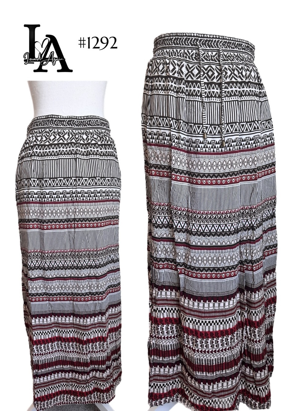 George Tribal Print Maxi Skirt in Black, White & Burgundy with double slit